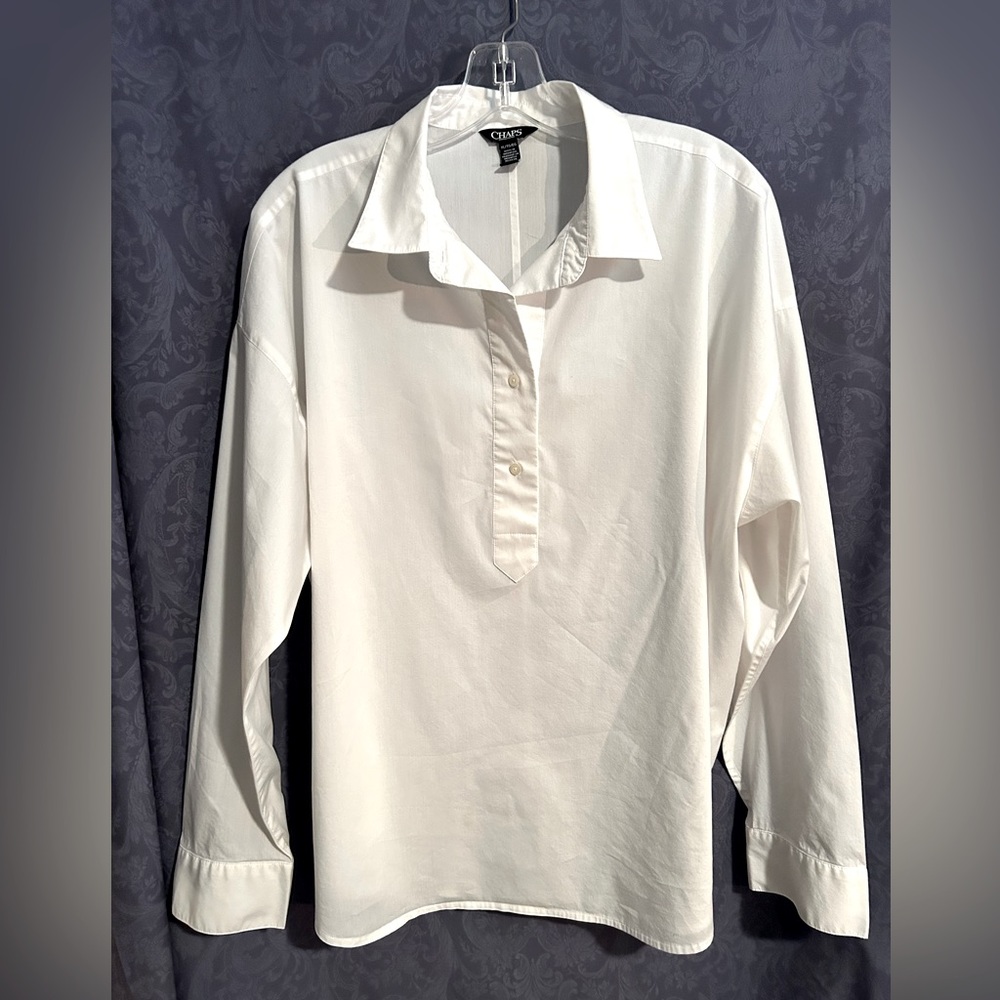 Chaps Classic White LS Placket Front Button Closure Blouse, Women’s XL